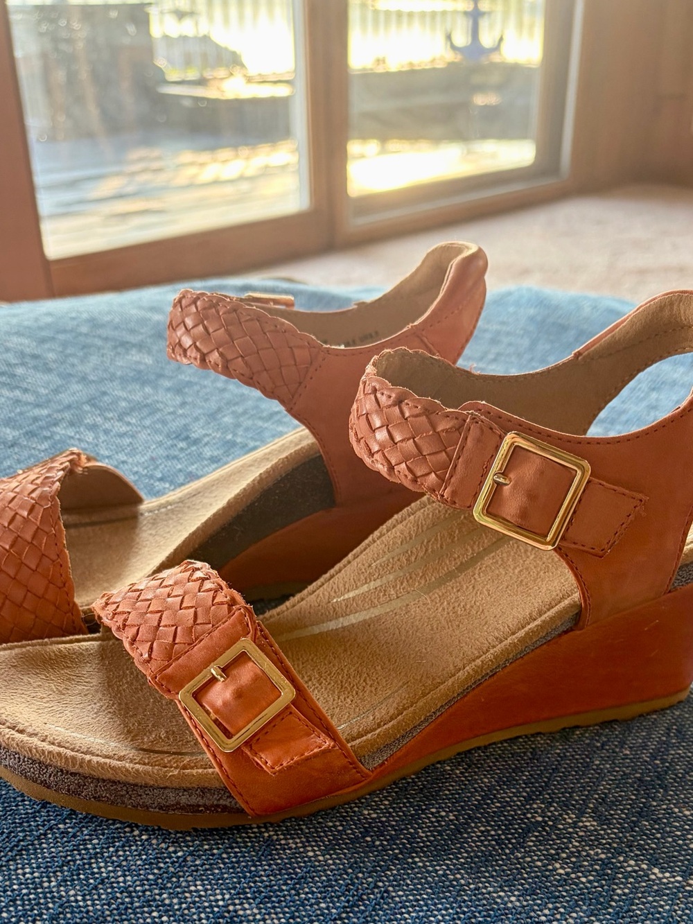 Aetrex Orange Braided-Strap Wedge Sandals, size 8.5